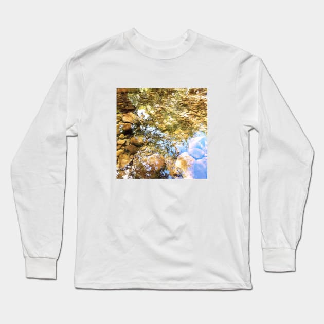 Reflection, lake, trees, pebbles, sparkle, shine, summer, river, aqua, water, spring, holiday, xmas, nature, adventure, rocks, sun, exotic, tropical, blue, turquoise, tan, tree Long Sleeve T-Shirt by PrintedDreams